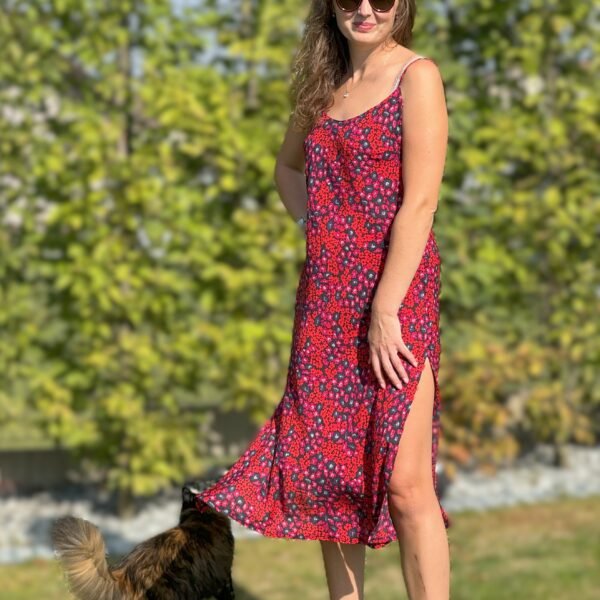 A loosely flowing dress with side slits